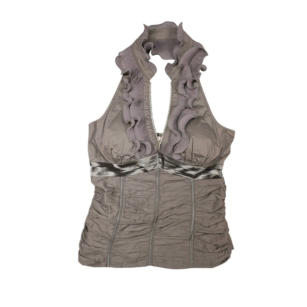Oh YES Ruffle Halter Top Women Large Taupe Brown Y2K Fairycore Ruched Rhinestone